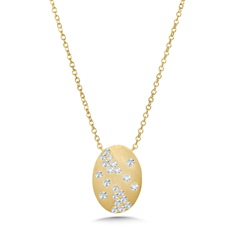 14K YELLOW GOLD BRUSHED DISC DIAMOND NECKLACE WITH 21 = 0.33TW ROUND H-I I1 DIAMONDS 18