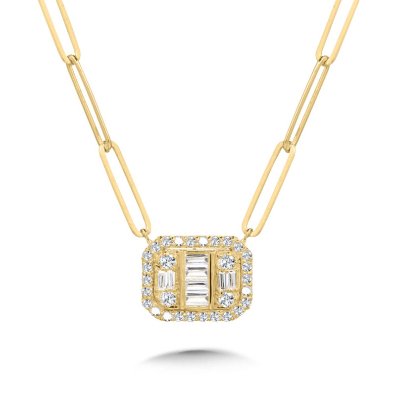 14K YELLOW GOLD CLUSTER DIAMOND NECKLACE WITH 39 = 0.38TW VARIOUS SHAPES H-I SI2-I1 DIAMONDS 18