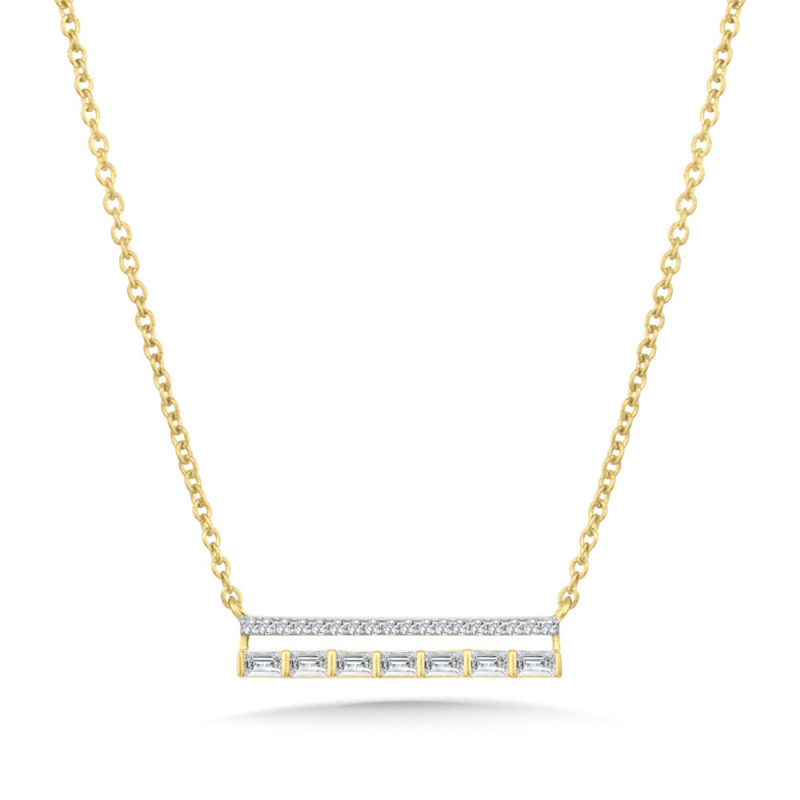 14K YELLOW GOLD BAR DIAMOND NECKLACE WITH 19 = 0.10TW SINGLE CUT H-I I1 DIAMONDS AND 7 = 0.10TW BAGUETTE H-I SI2-I1 DIAMONDS 18