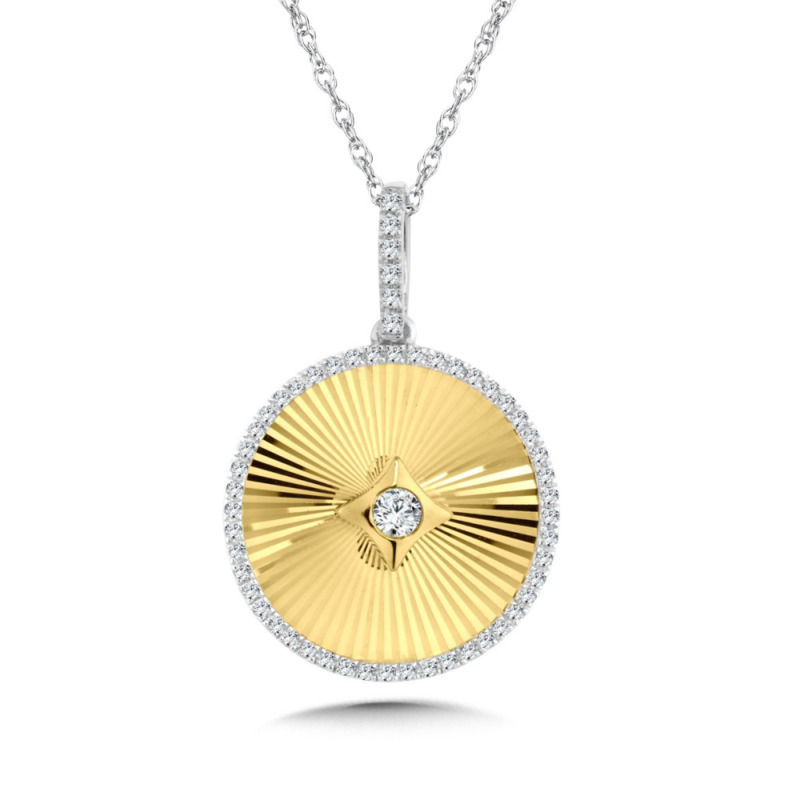 14K YELLOW & WHITE GOLD DISC DIAMOND PENDANT WITH 55 = 0.25TW ROUND H-I I1 DIAMONDS 18