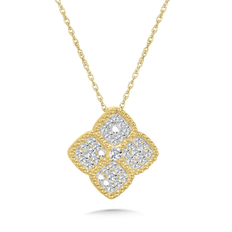 14K YELLOW GOLD MILGRAIN KLOVER DIAMOND PENDANT WITH 37 = 0.25TW ROUND H-I I1 DIAMONDS 18