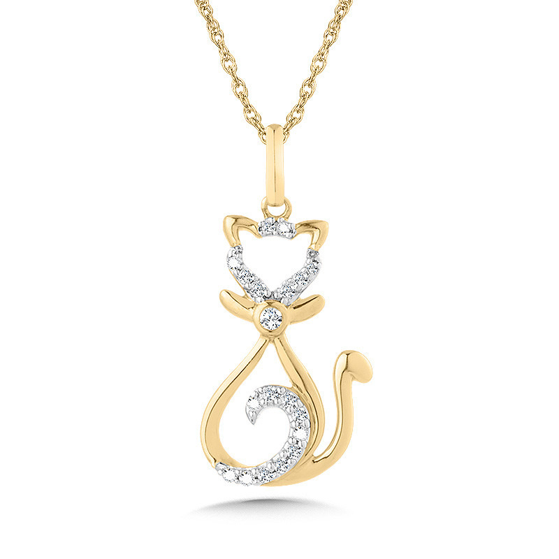 10K YELLOW GOLD CAT DIAMOND PENDANT WITH 21 = 0.08TW SINGLE CUT H-I I1 DIAMONDS 18