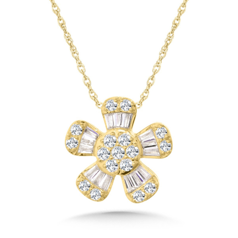 14K YELLOW GOLD FLOWER DIAMOND PENDANT WITH 27 = 0.50TW VARIOUS SHAPES H-I SI2-I1 DIAMONDS 18