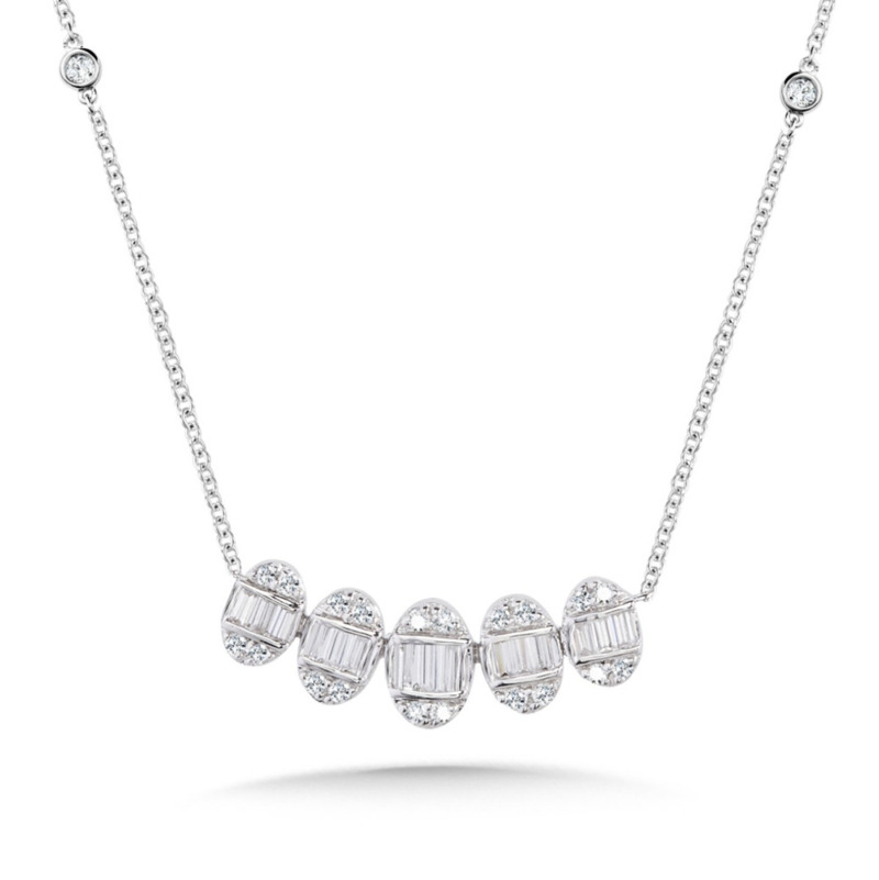 14K WHITE GOLD CLUSTER DIAMOND NECKLACE WITH 39 = 0.33TW VARIOUS SHAPES (15 BAGUETTES & 24 ROUNDS)  H-I SI2-I1 DIAMONDS 18