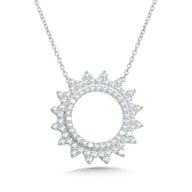 14K WHITE GOLD SUNBURST DIAMOND NECKLACE WITH 78 = 0.63TW ROUND G-H SI1-SI2 DIAMONDS 18