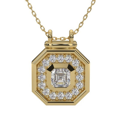 EARTH COLLECTION MODERN ELECTRUM HALO DIAMOND PEAK PENDANT WITH 17=0.38TW VARIOUS SHAPES (1 ASSCHER & 16 ROUND) J-K VS2-SI1 DIAMONDS 20