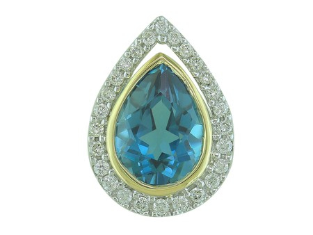 14K YELLOW & WHITE GOLD HALO PENDANT WITH ONE 1.34CT PEAR BLUE TOPAZ AND 26=0.12TW ROUND H SI1-SI2 DIAMONDS 18