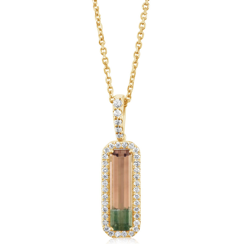 14K YELLOW GOLD HALO PENDANT WITH ONE 1.23CT EMERALD BI-COLOR TOURMALINE AND 39=0.21TW ROUND F-G SI1 DIAMONDS 18