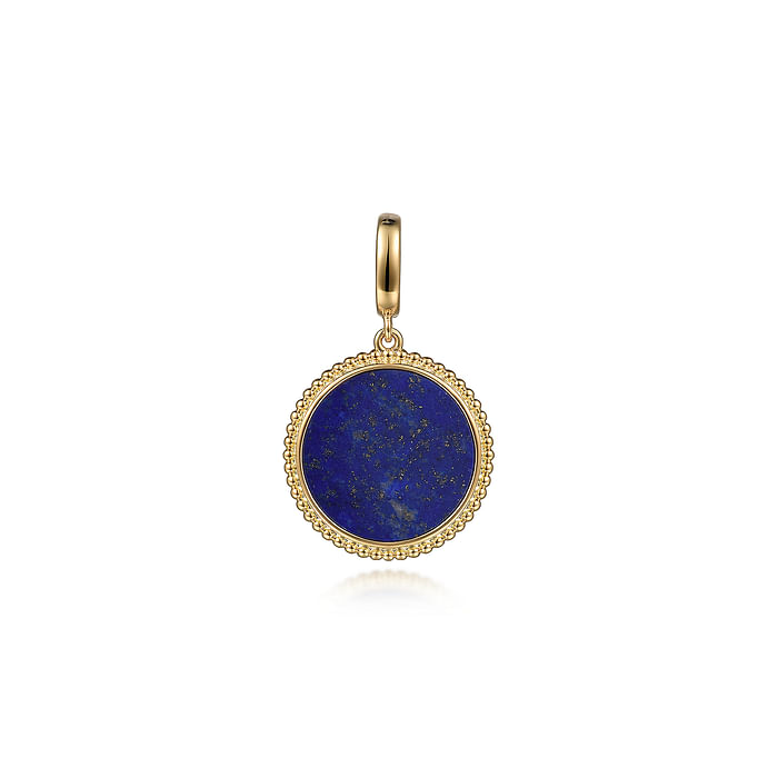 GABRIEL & CO 14K YELLOW GOLD BEADED CIRCLE PENDANT WITH ONE 3.05CT ROUND LAPIS INLAY   (2.96 GRAMS)