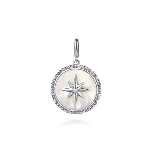 GABRIEL & CO STERLING SILVER BUJUKAN STARBURST MEDALLION PENDANT WITH ONE = 4.55CT ROUND MOTHER OF PEARL AND ONE = 0.06CT ROUND WHITE SAPPHIRE