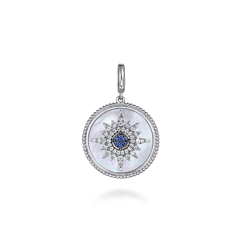 GABRIEL & CO. STERLING SILVER BUJUKAN MEDALLION PENDANT WITH 7=0.09TW ROUND BLUE SAPPHIRES  38=0.36TW ROUND WHITE SAPPHIRES AND 4.87CT MOTHER OF PEARL (NO CHAIN)