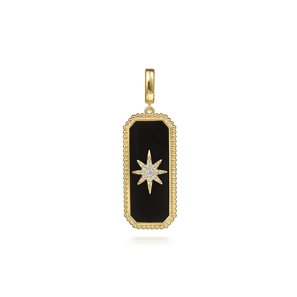 GABRIEL & CO 14K YELLOW GOLD MEDALLION DIAMOND PENDANT WITH 17 = 0.12TW ROUND I-J SI1-SI2 DIAMONDS AND ONE = 4.52CT ONYX