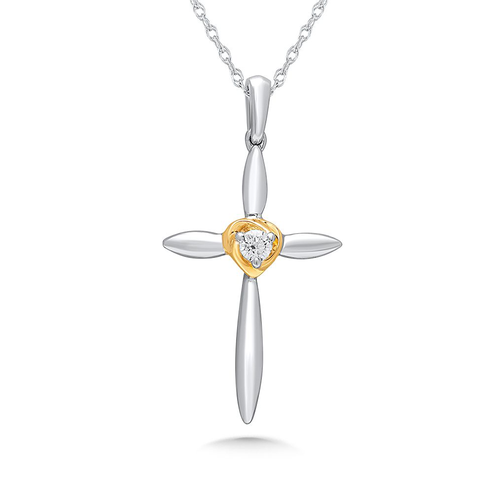 10K YELLOW & WHITE GOLD CROSS DIAMOND PENDANT WITH ONE = 0.05CT ROUND H-I I1 DIAMOND 18