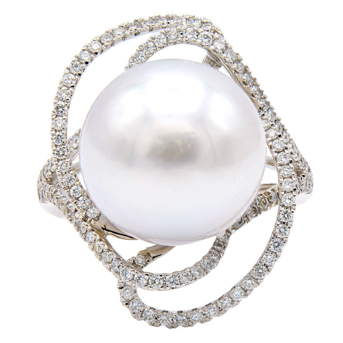 18K WHITE GOLD RING SIZE 6.5 WITH ONE = 13.00X14.00MM SOUTH SEA PEARL AND 112 = 0.49TW ROUND H-I SI2-I1 DIAMONDS