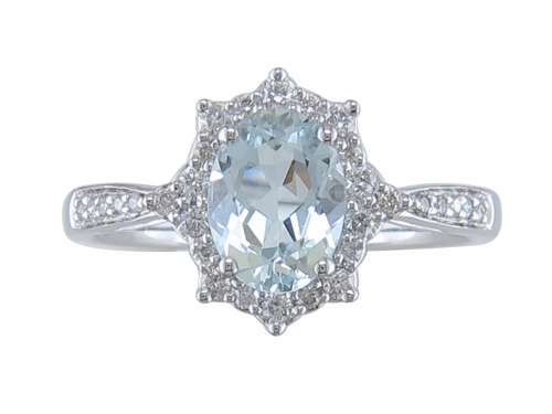 14K WHITE GOLD HALO RING SIZE 7 WITH ONE 1.27CT OVAL AQUAMARINE AND 30=0.21TW ROUND G-H SI1 DIAMONDS   (2.77 GRAMS)