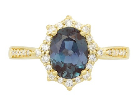 14K YELLOW GOLD HALO RING SIZE 7 WITH ONE 1.58CT OVAL CREATED ALEXANDRITE AND 30=0.21TW ROUND G-H SI1 DIAMONDS   (2.92 GRAMS)