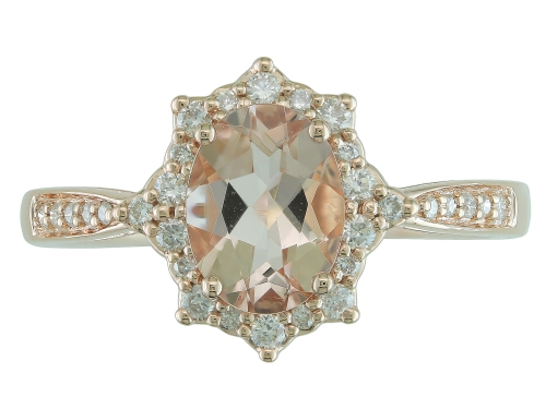 14K ROSE GOLD HALO RING SIZE 7 WITH ONE 1.13CT OVAL MORGANITE AND 30=0.21TW ROUND G-H SI1 DIAMONDS   (2.76 GRAMS)