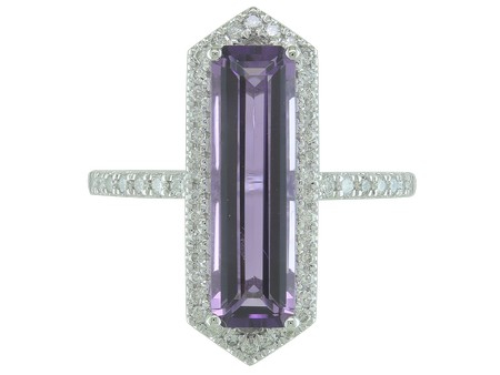 14K WHITE GOLD HALO RING SIZE 7 WITH ONE 2.83CT EMERALD AMETHYST AND 52=0.31TW ROUND H-i SI2 DIAMONDS   (3.94 GRAMS)