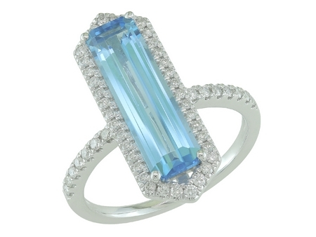 14K WHITE GOLD HALO RING SIZE 7 WITH ONE 3.85CT EMERALD BLUE TOPAZ AND 52=0.31TW ROUND H-i SI2 DIAMONDS   (4.22 GRAMS)