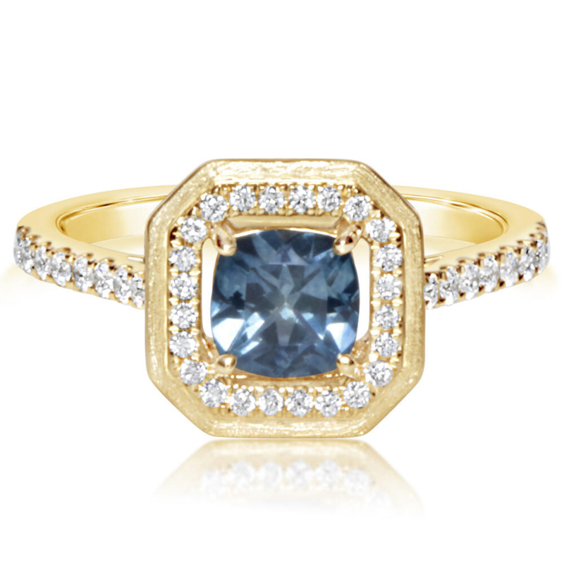 14K YELLOW GOLD SATIN HALO RING SIZE 6.5 WITH ONE 0.98CT CUSHION MONTANA SAPPHIRE AND 40=0.26TW ROUND H-I SI2 DIAMONDS   (3.25 GRAMS)