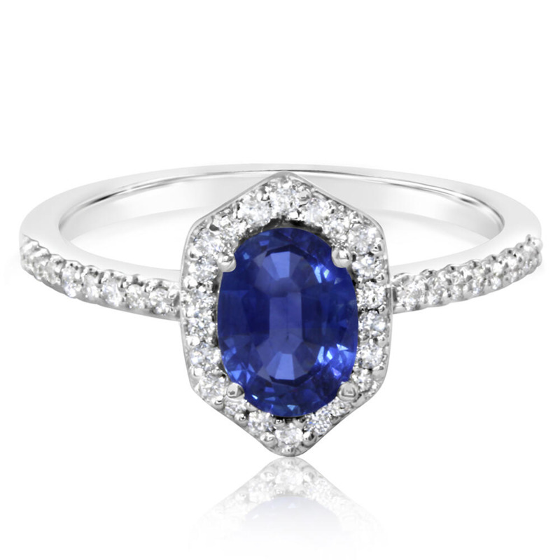 14K WHITE GOLD HALO RING SIZE 6.5 WITH ONE 1.07CT OVAL BLUE SAPPHIRE AND 38=0.23TW ROUND F-G SI1 DIAMONDS    (2.65 GRAMS)