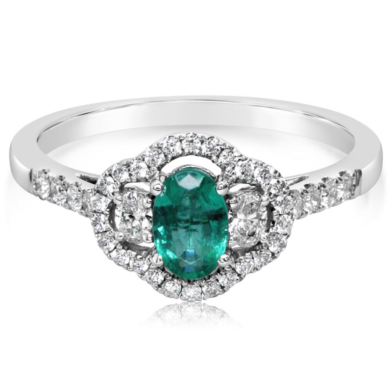 14K WHITE GOLD HALO RING SIZE 7 WITH ONE 0.46CT OVAL EMERALD AND 36=0.37TW VARIOUS SHAPES (2 OVALS & 34 ROUNDS) G-H SI1 DIAMONDS  (2.85 GRAMS)