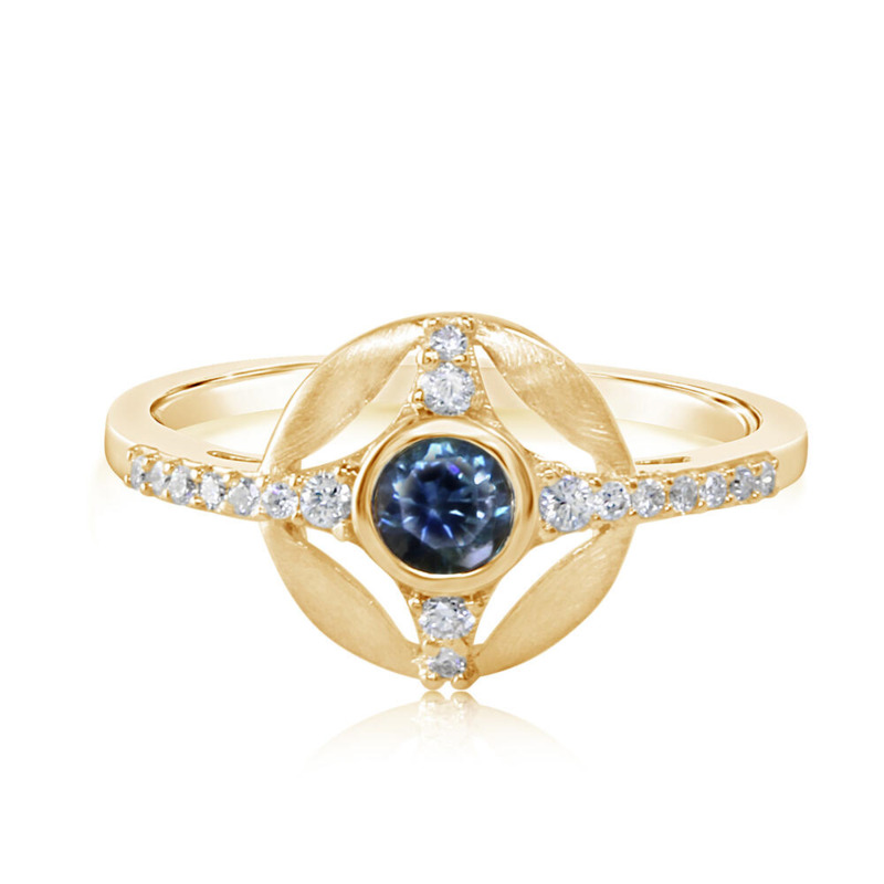 14K YELLOW GOLD SATIN RING SIZE 6.5 WITH ONE 0.30CT ROUND MONTANA SAPPHIRE AND 18=0.14TW ROUND H-I SI2 DIAMONDS   (2.42 GRAMS)