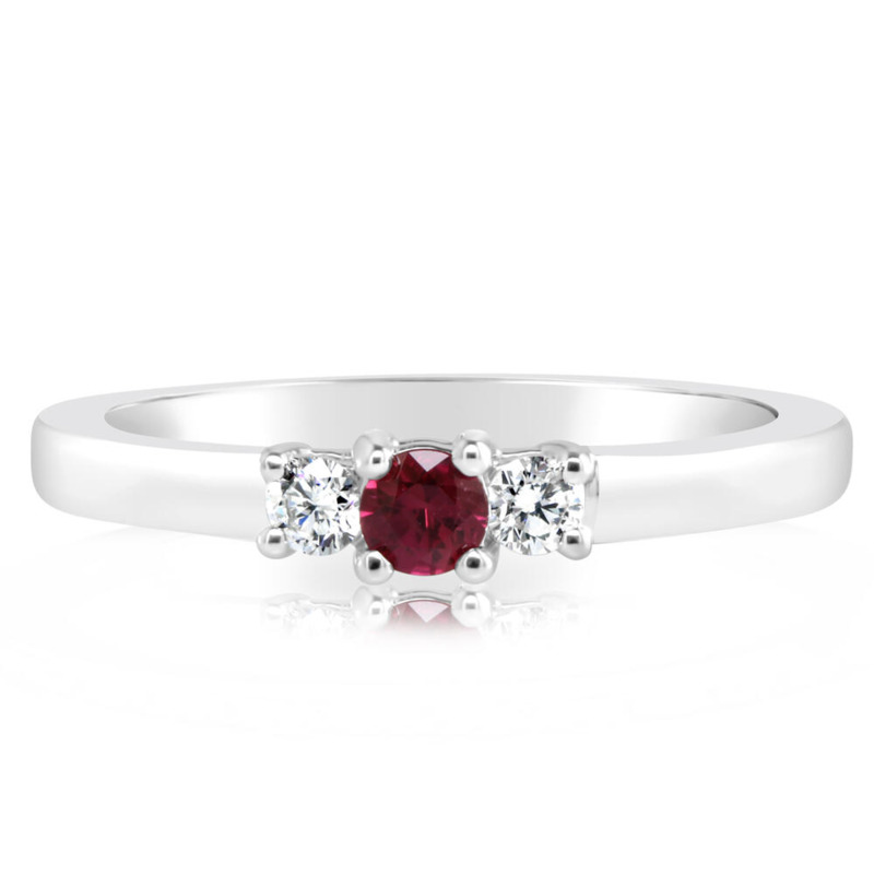 14K WHITE GOLD 3 STONE RING SIZE 7 WITH ONE 0.18CT ROUND RUBY AND 2=0.11TW ROUND G-H SI1 DIAMONDS   (3.14 GRAMS)