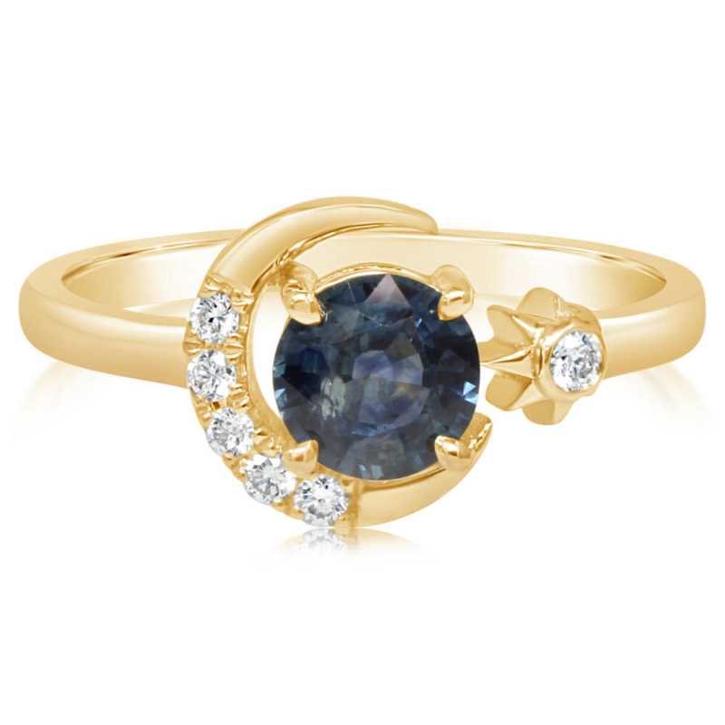 14K YELLOW GOLD MOON/STAR RING SIZE 7 WITH ONE 1.08CT ROUND MONTANA SAPPHIRE AND 6=0.09TW ROUND G-H SI1 DIAMONDS   (3.28 GRAMS)