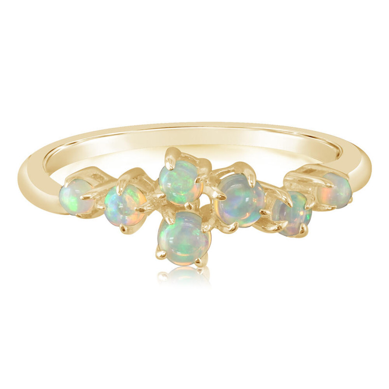 14K YELLOW GOLD PRONG SET RING SIZE 7 WITH 7=0.30TW CABOCHON AUSTRALIAN OPALS    (2.00 GRAMS)