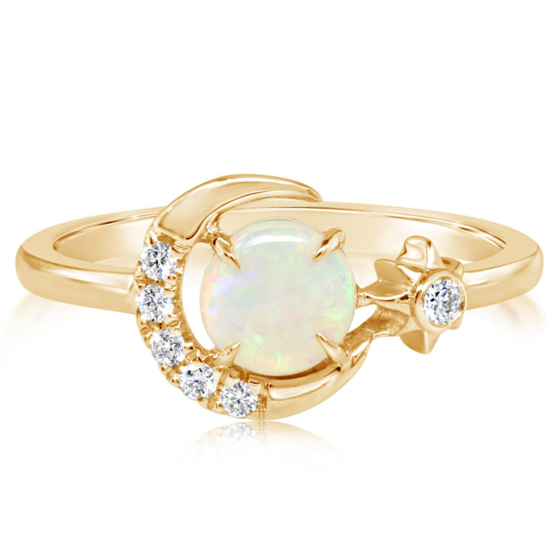 14K YELLOW GOLD MOON & STAR RING SIZE 7 WITH ONE 0.54CT CABOCHON OPAL AND 6=0.09TW ROUND G-H SI1 DIAMONDS   (2.91 GRAMS)