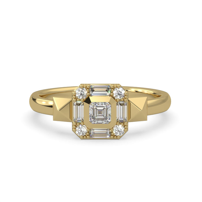 EARTH COLLECTION MODERN ELECTRUM CLUSTER DIAMOND PEAK FASHION RING SIZE 7 WITH 9=0.37TW VARIOUS SHAPES (1 ASSCHER  4 BAGUETTES  4 ROUNDS) J-K VS2 DIAMONDS  (2.35 GRAMS)