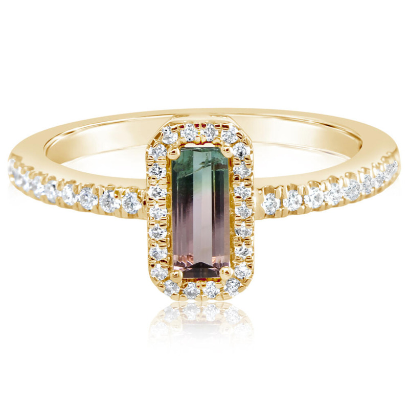 14K YELLOW GOLD HALO RING SIZE 7 WITH ONE 0.39CT EMERALD BI-COLOR TOURMALINE AND 40=0.24TW ROUND H-I SI2 DIAMONDS   (3.25 GRAMS)