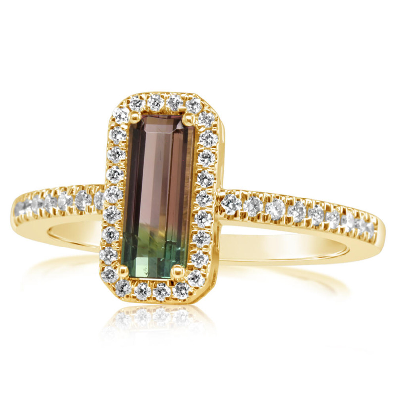 14K YELLOW GOLD HALO RING SIZE 7 WITH ONE 0.79CT EMERALD BI-COLOR TOURMALINE AND 44=0.26TW ROUND F-G SI1 DIAMONDS   (3.64 GRAMS)