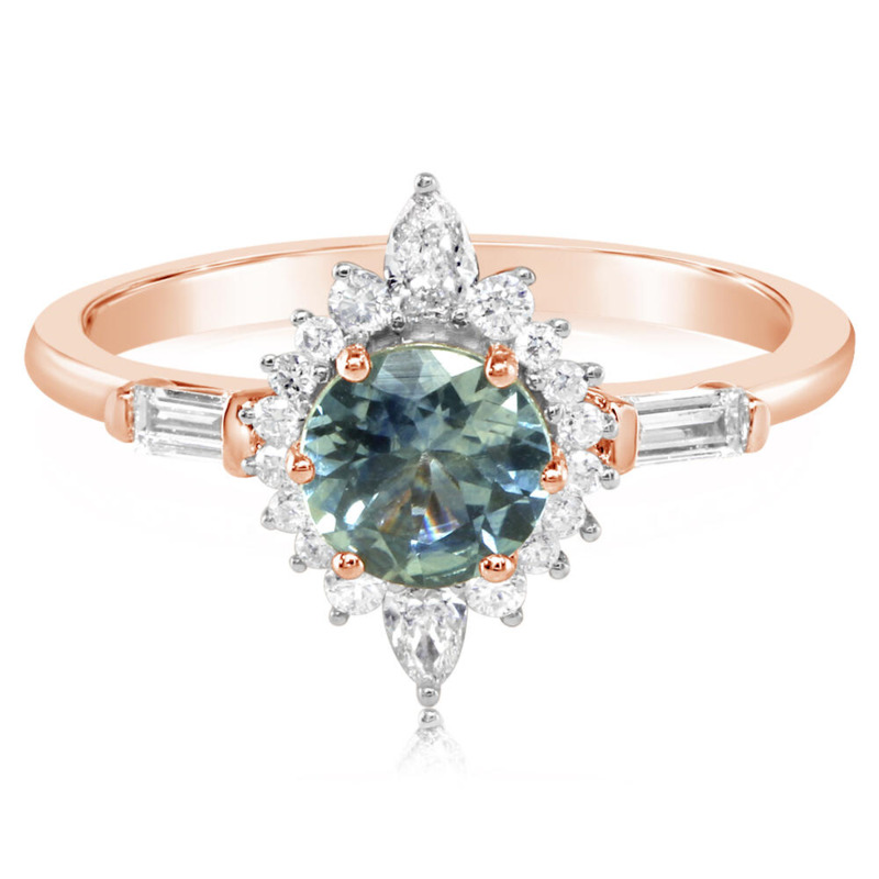 14K ROSE GOLD HALO RING SIZE 7 WITH ONE 1.00CT ROUND MONTANA SAPPHIRE AND 20=0.47TW VARIOUS SHAPES (2 PEAR  2 BAGUETTE  16 ROUND)  H-I SI1 DIAMONDS   (3.10 GRAMS)