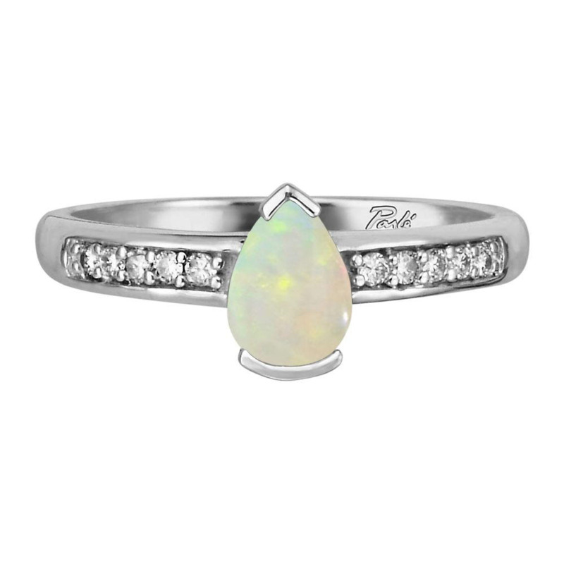 14K WHITE GOLD RING SIZE 6.5 WITH ONE 0.36CT CABOCHON OPAL AND 10=0.08TW ROUND H-I SI2 DIAMONDS   (1.71 GRAMS)