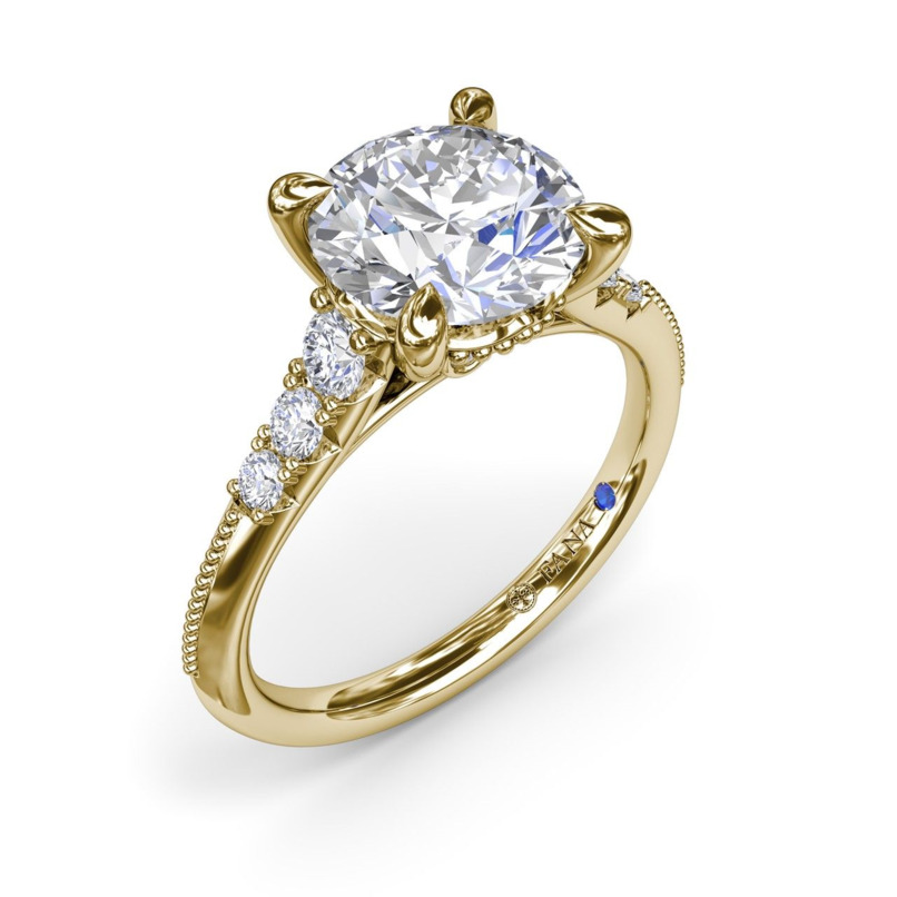 18K YELLOW GOLD MILGRAIN PRONG SET SEMI-MOUNT RING SIZE 6.5 WITH 8 = 0.33TW ROUND F-G VS2-SI1 DIAMONDS AND ONE 0.01TW ROUND BLUE SAPPHIRE   (4.35 GRAMS)