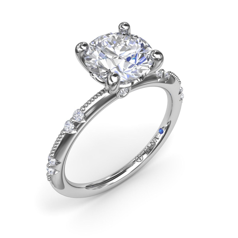 PLATINUM MILGRAIN SEMI-MOUNT RING SIZE 6.5 WITH 10 = 0.12TW ROUND F-G VS2-SI1 DIAMONDS AND ONE 0.01TW ROUND BLUE SAPPHIRE   (4.44 GRAMS)