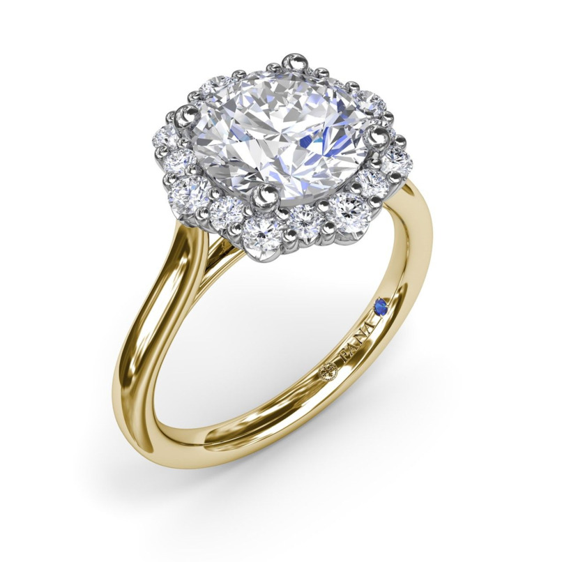 18K YELLOW & WHITE GOLD HALO SEMI-MOUNT RING SIZE 6.5 WITH 18 = 0.41TW ROUND F-G VS2-SI1 DIAMONDS AND ONE 0.01TW ROUND BLUE SAPPHIRE   (4.90 GRAMS)