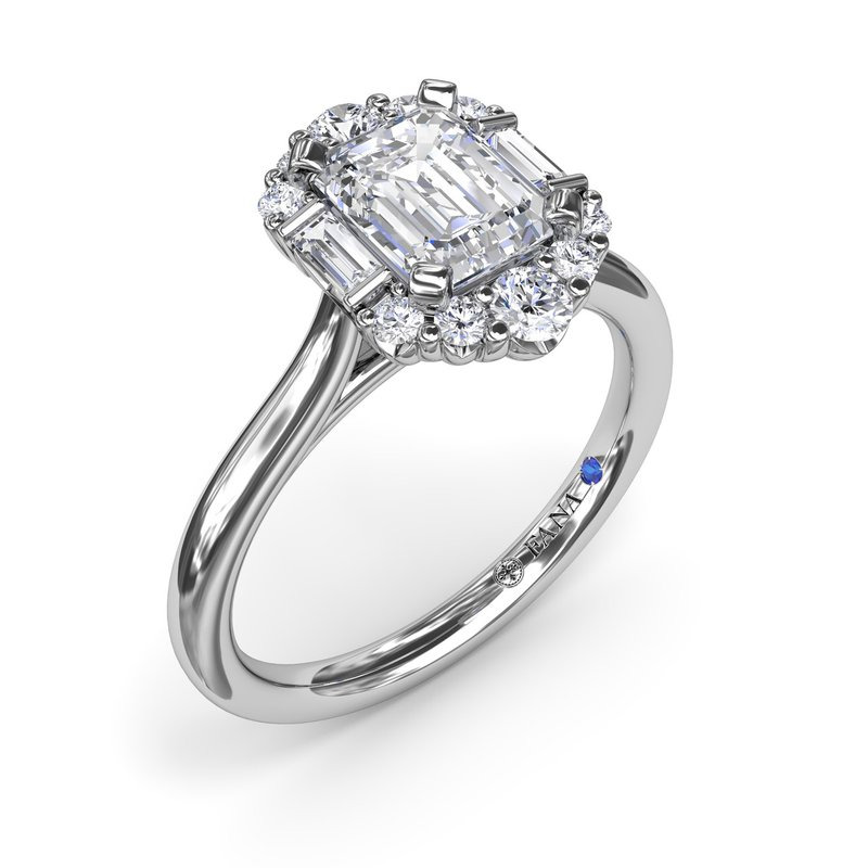 PLATINUM HALO SEMI-MOUNT RING SIZE 6.5 WITH 12 = 0.23TW ROUND F-G VS2-SI1 DIAMONDS AND 2 = 0.10TW BAGUETTE F-G VS2-SI1 DIAMONDS AND ONE 0.01TW ROUND BLUE SAPPHIRE   (5.40 GRAMS)