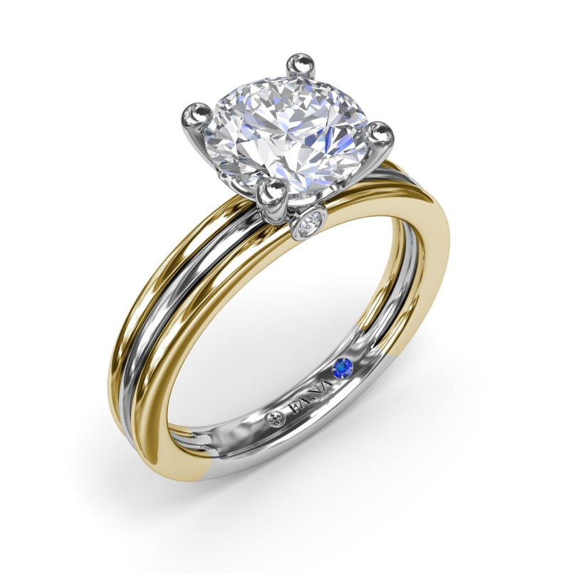 18K YELLOW & WHITE GOLD SOLITAIRE SEMI-MOUNT RING SIZE 6.5 WITH 2 = 0.02TW ROUND F-G VS2-SI1 DIAMONDS AND ONE 0.01TW ROUND BLUE SAPPHIRE   (5.47 GRAMS)