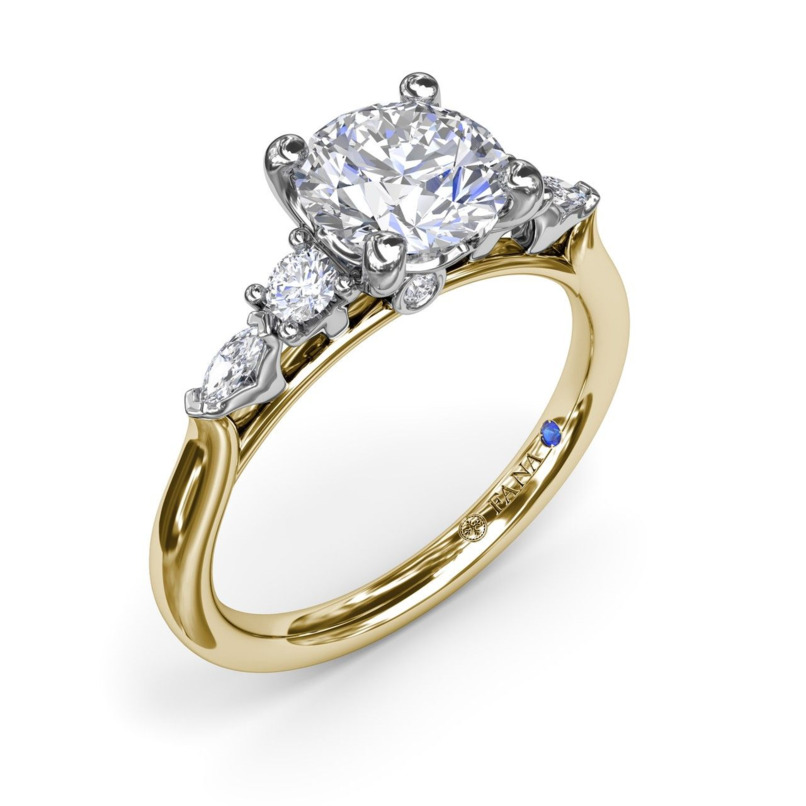 18K YELLOW & WHITE GOLD PRONG SET SEMI-MOUNT RING SIZE 6.5 WITH 4 = 0.13TW ROUND F-G VS2-SI1 DIAMONDS AND 2 = 0.08TW MARQUISE F-G VS2-SI1 DIAMONDS AND ONE 0.01TW ROUND BLUE SAPPHIRE   (3.70 GRAMS)