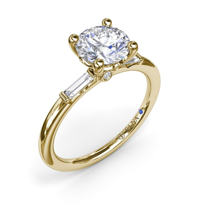 18K YELLOW GOLD CHANNEL SET SEMI-MOUNT RING SIZE 6.5 WITH 2 = 0.15TW BAGUETTE F-G VS2-SI1 DIAMONDS AND 2 = 0.02TW ROUND F-G VS2-SI1 DIAMONDS AND ONE 0.01CT ROUND BLUE SAPPHIRE   (2.81 GRAMS)