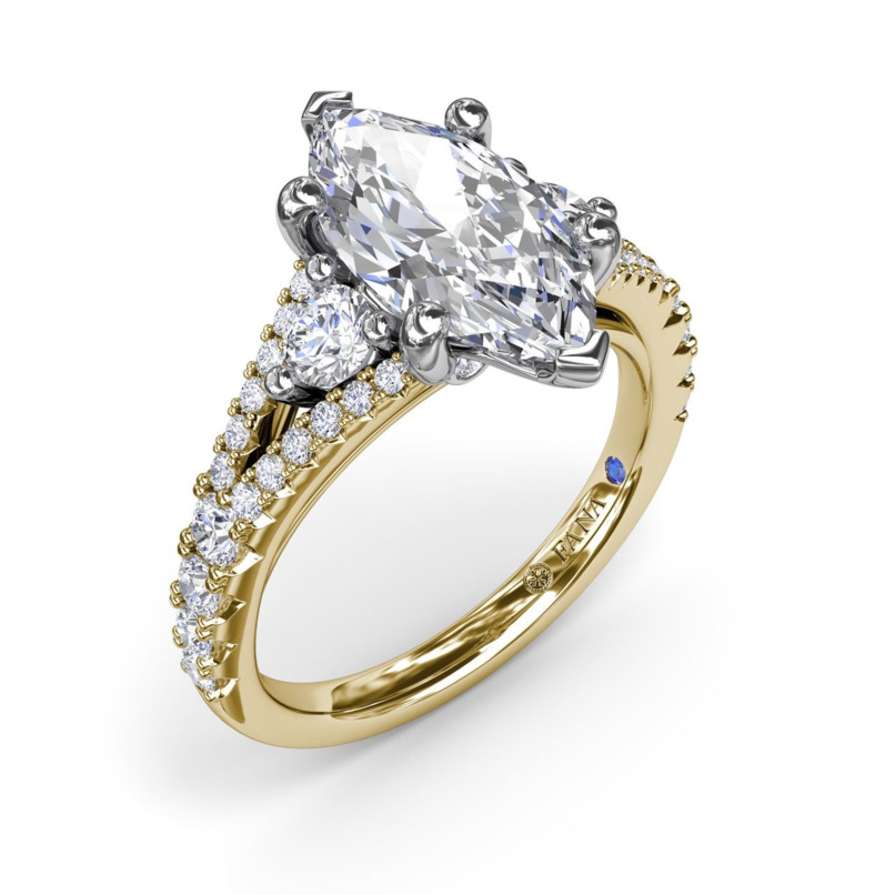 18K YELLOW & WHITE GOLD SPLIT SHANK SEMI-MOUNT RING SIZE 6.5 WITH 36 = 0.73TW ROUND F-G VS2-SI1 DIAMONDS AND ONE 0.01TW ROUND BLUE SAPPHIRE  (5.93 GRAMS)