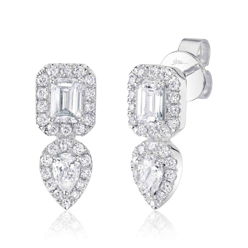 SHY CREATION 14K WHITE GOLD STUD DIAMOND EARRINGS 2=0.76TW EMERALD G-H VS2-SI1 DIAMONDS  2=0.30TW PEAR G-H SI2 DIAMONDS  AND 52=0.44TW ROUND G-H SI1 DIAMONDS   (3.53 GRAMS)