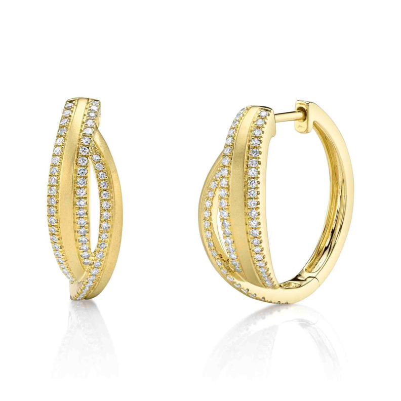 SHY CREATION 14K YELLOW GOLD SATIN HOOP DIAMOND EARRINGS WITH 122 0.32TW SINGLE CUT I I1 DIAMONDS   (5.92 GRAMS)