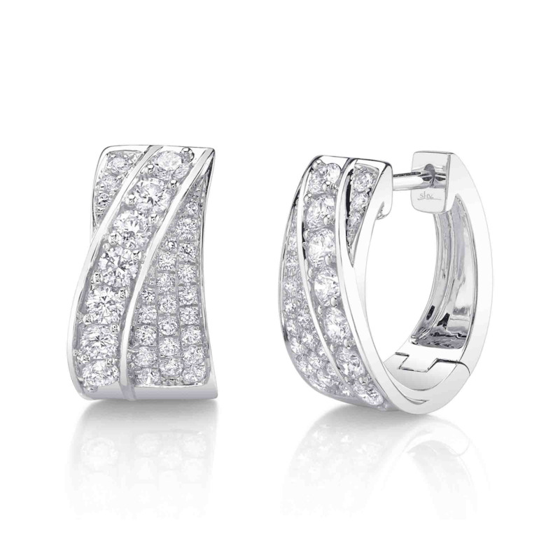 SHY CREATION 14K WHITE GOLD OVAL HOOP DIAMOND EARRINGS WITH 62=1.11TW ROUND G-H SI1-SI2 DIAMONDS    (6.50 GRAMS)