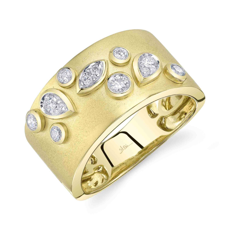 SHY CREATION 14K YELLOW GOLD SATIN BEZEL DIAMOND FASHION RING SIZE 7 WITH 12=0.26TW ROUND G-H SI1 DIAMONDS  (8.56 GRAMS)