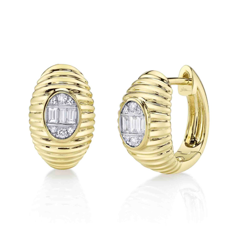 SHY CREATION 14K YELLOW GOLD HUGGIE DIAMOND EARRINGS WITH 6=0.16TW BAGUETTE G-H SI1 DIAMONDS AND 12=0.06TW ROUND G-H SI1 DIAMONDS   (5.23 GRAMS)