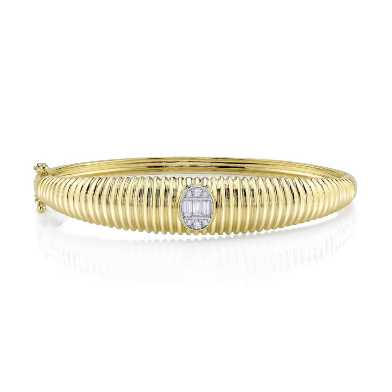 SHY CREATION 14K YELLOW GOLD BANGLE DIAMOND BRACELET WITH 3=0.20TW BAGUETTE G-H SI1 DIAMONDS AND 6=0.08TW ROUND G-H SI1 DIAMONDS    (18.54 GRAMS)